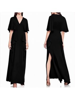 BCBGMAXAZRIA Cape Sleeve V-Neck Asymmetrical Ruffle Maxi Dress Black 6